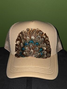NEW Custom Made Beige Feather Accent Trucker Hat - Neutral Tan Style